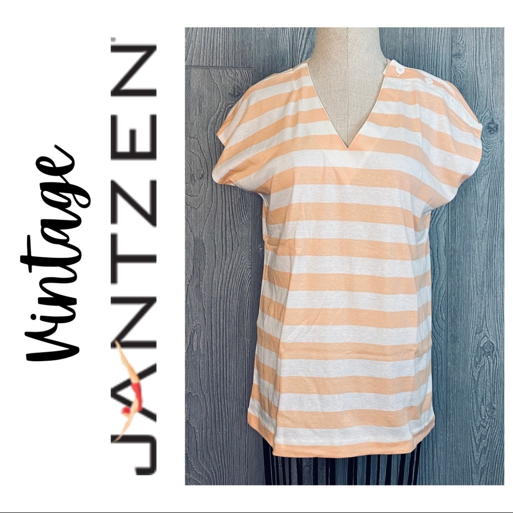 Vintage 1980s Jantzen Peach Striped Button Shoulder Top